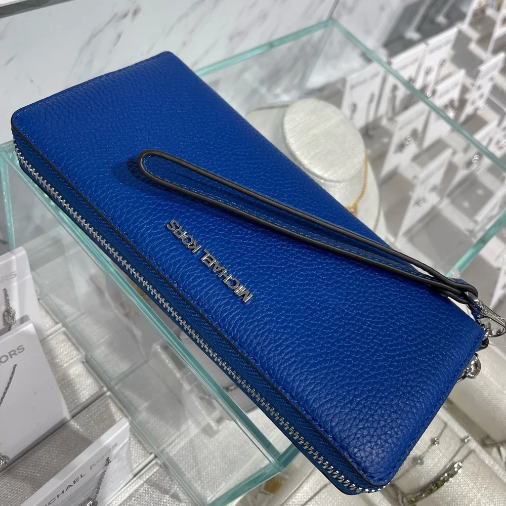 MICHAEL KORS Lg Pebbled Leather Continental Wallet Wristlet Phone Galaxy Blue
